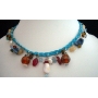 Shell Choker Blue Knitted Thread w/ Hanging Multi Bead Necklace