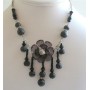 Beaded Necklace Black Simulated Pearls w/ Flower & Dangling Tiny Beads