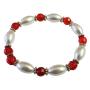 White Oval Pearl Lite Red Glass Ball 10mm Prom Stretchable Bracelet