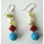 Apple Jade Freshwater Pearl Red Coral Bead & Turquoise Silver Earrings