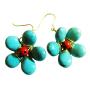 Cute Turquoise Curved Flower Earrings Coral Bead Gold Oxidized Hook