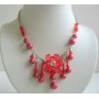 Red Beaded Flower Choker w/ Acrylic Bead & Dangling Beads Necklace