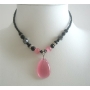Pink Cat Eye Teardrop Pendant Necklace Black Beaded Choker Necklace