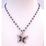 Sparkling Butterfly Pendant Black Pearl Chained Necklace with Diamante
