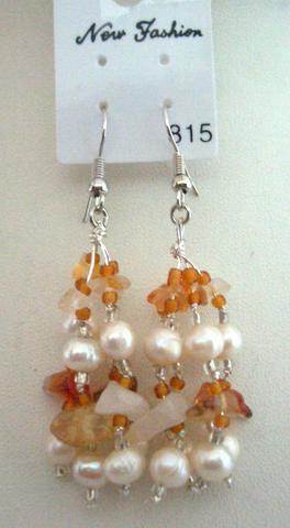 Custom Handcrafted Jewelry Genuine Carnelian Stone Chip Beads Freshwater Pearls w/ Glass Beads Earrings