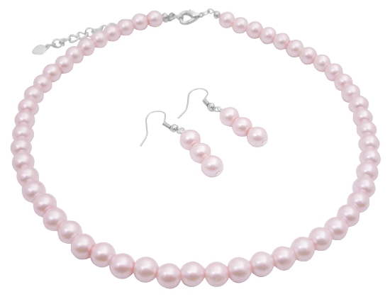 Soothing Pink Pearls Necklace Set 16 Inches Synthetic Pearls Jewelry w/ Earrings