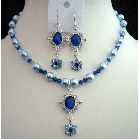Swarovski Blue Pearls Sapphire Light Dark Crystal Pendant Necklace Set
