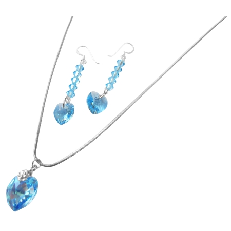 Soothing Aquamarine Heart Jewelry Set Handmade Crystals Necklace Set