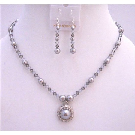 Black Diamond & Grey Crystals Bridal Jewelry w/ Flower Pearls Pendant
